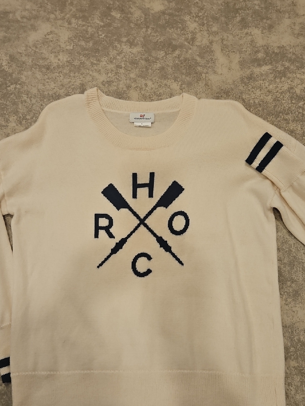 Vineyard Vines Cream Crewneck Sweater with Navy Oar Logo